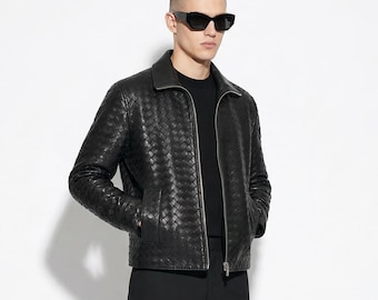 Intrecciato Lammfell klassische Jacke handgestrickte gewebte schwarze Herrenjacke aus echtem Leder