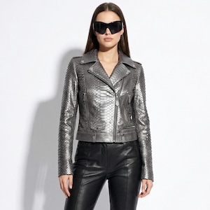Women's genuine python leather real exotic snake skin metalic grey luxury fashion biker jacket