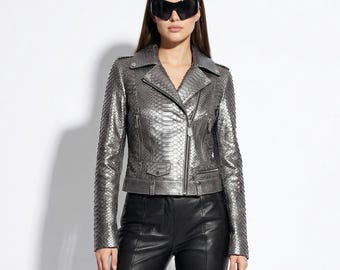 Women's genuine python leather real exotic snake skin metalic grey luxury fashion biker jacket
