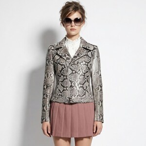 Women's genuine python leather real exotic snake skin natural white luxury fashion biker jacket