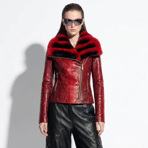 Echtes Pythonleder Echt-Rex-Pelzkragen für Damen rot benutzerdefinierte exotische Jacke