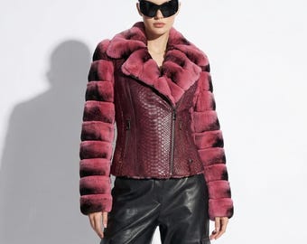Luxury rex rabbit fur trim genuine python leather snake skin women's biker jacket