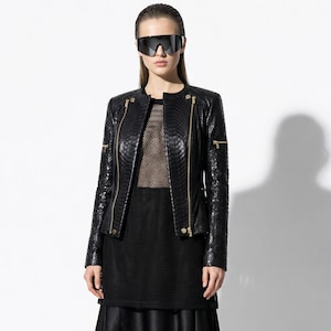 Women's genuine python leather black snake skin exotic handmade jacket