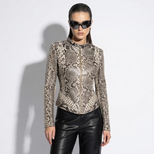 Beige genuine natural python skin jacket - exotic snake leather luxury coat