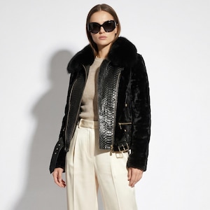 Echte Pythonleder Fuchspelzkragen Luxus Schaffelljacke für Damen