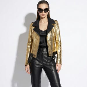 Echtes Pythonleder Damen goldgelbe schwarze Motorrad-Bikerjacke