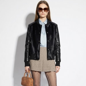 Dames kalfshaar echt pythonleer zwart slangenleer exotisch handgemaakt bomberjack