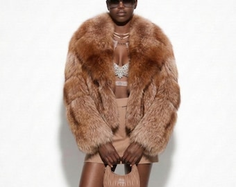 Manteau en fourrure de renard brun doré : veste faite main de luxe pour femme