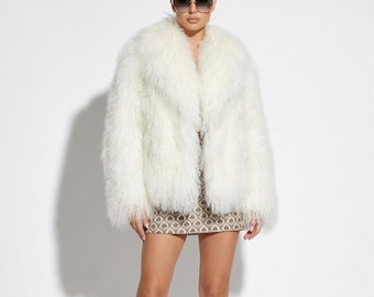 Veste luxueuse en fourrure d'agneau de Mongolie | manteau d'hiver en peau de mouton bouclée | manteau tibétain naturel à poils longs