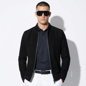 Giacca in pelle scamosciata meticcia nera e marrone con collo alto - cappotto blouson minimalista di lusso in vera pelle