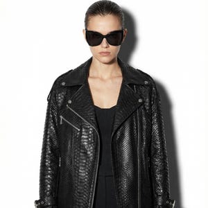 Oversized boyfriend black genuine python skin biker jacket - luxury exotic moto coat