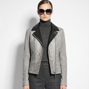 Women's real python skin trim genuine suede luxury white biker jacket