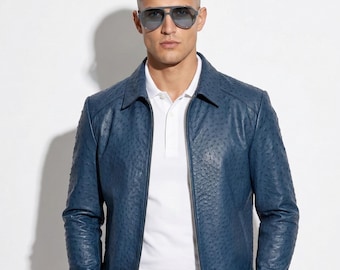 Blouson zippé en cuir d'autruche véritable : Bomber de luxe exotique bleu