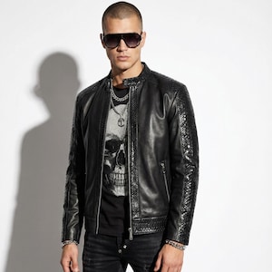 Echt leer zwart luxe motorjack heren echt pythonhuidafwerking