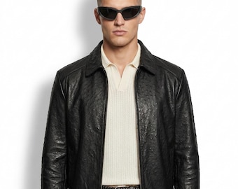Blouson zippé en cuir d'autruche véritable : Bomber noir exotique de luxe