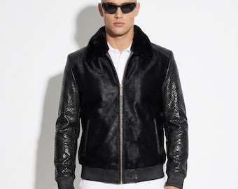 Blouson aviateur de luxe noir pour hommes en cuir véritable de python avec col en fourrure de poney véritable