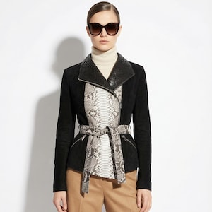 Women's real python skin trim genuine suede luxury black white biker jacket