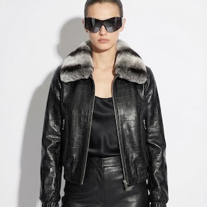 Crocodile embossed lambskin bomber jacket with rex rabbit fur collar