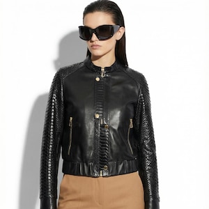 Luxe op maat gemaakt damesbomberjack van echt pythonleer