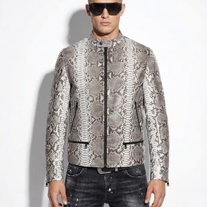 Natural white grey python skin racer jacket - exotic snake leather luxury moto coat