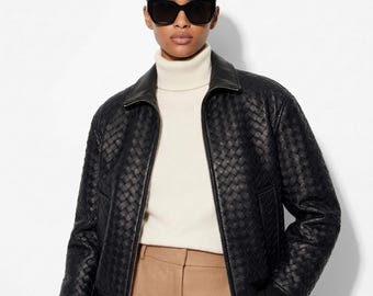 Intrecciato Lammfell Blouson Handgewebtes echtes Leder Damen Schwarz Braun Burgund Lammfell Bomberjacke