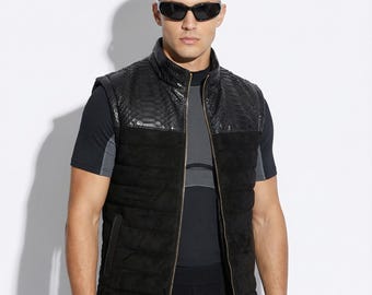 Veste matelassée en python véritable et daim métis : veste sans manches en cuir exotique fabriquée à la main