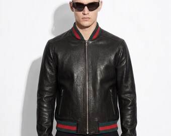 Herren Rot Grün Italienische Farbe Streifen schwarz strukturierte Bomberjacke aus echtem Leder