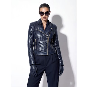 Exotic navy blue genuine python skin biker jacket - cropped motorcycle style with gold hardware