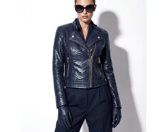 Exotic navy blue genuine python skin biker jacket - cropped motorcycle style with gold hardware
