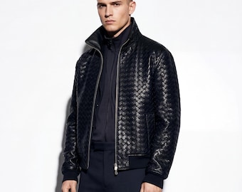 Intrecciato Lammfell Blouson Handgewebtes echtes Leder Herren Schwarze Lammfell Bomberjacke