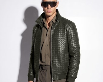 Blouson aviateur en cuir d'agneau intrecciato pour hommes – Blouson tissé vert en cuir véritable tissé à la main