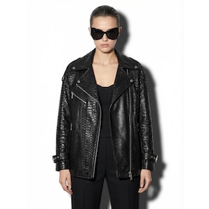 Oversized boyfriend black genuine python skin biker jacket - luxury exotic moto coat