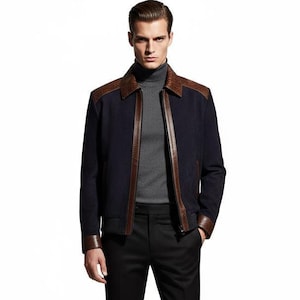 Men's brown real python trim genuine leather navy blue metis suede jacket