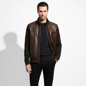 Genuine python leather knit cotton men's luxury suede trim brown black cardigan