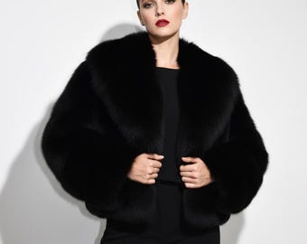 Manteau en fourrure de renard noir fait main : veste de luxe pour femme