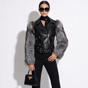 Damen Fuchs Pelzbesatz Echt Python Leder Schwarz Motorrad Bikerjacke