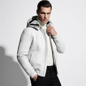 Genuine Python Leather Removable Real Rex Fur Lining Men's Grey Hoodie Jacket