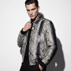 Handmade Python Leather Bomber Jacket: Men's Exotic Snake Skin
