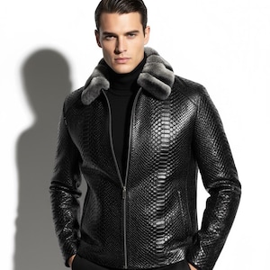 Genuine Python Skin Rex Fur Collar Men's Exotic Leather Luxury Black Jacket