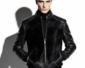 Echtes Ponyhaar echte Pythonleder Herren schwarze Luxus handgefertigte Bomberjacke