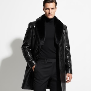 Cappotto in vera pelle di pitone: collo in pelliccia di visone blu navy nero da uomo, fatto a mano