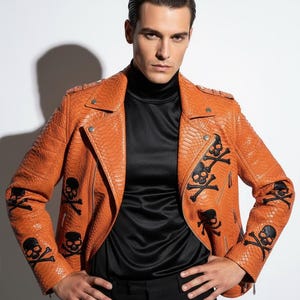 Men's orange python leather exotic snake skin black leather skulls luxury motorcycle biker jacket