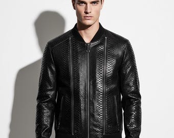 Blouson aviateur noir fait main pour homme en cuir de python véritable fait main