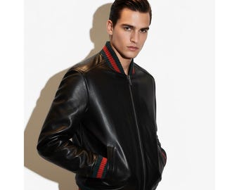 Blouson aviateur homme en cuir véritable texturé noir rouge vert à rayures italiennes