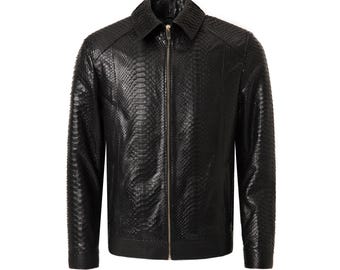 Blouson de luxe sur mesure en cuir de python exotique noir pour hommes en peau de serpent