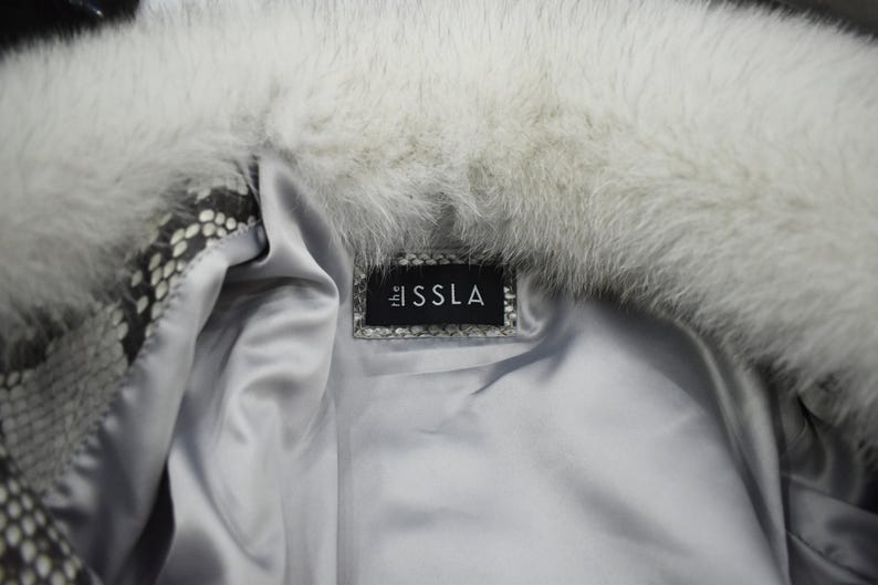 Women's genuine python leather real fox fur collar white exotic biker jacket image 5