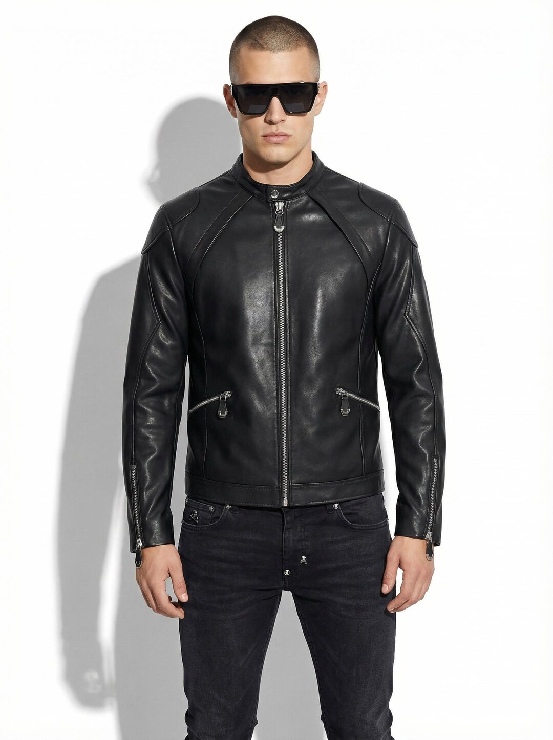 Black Leather Moto Racer Jacket | Men's Designer Zip-up Coat | Classic ...