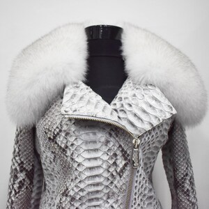 Women's genuine python leather real fox fur collar white exotic biker jacket image 3