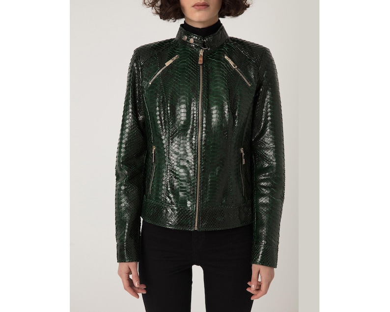 Women's genuine python leather green snake skin exotic moto jacket image 1