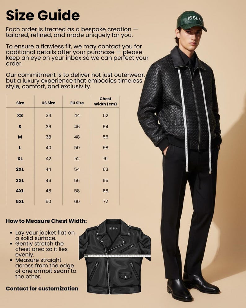 Peut inclure: Un guide des tailles avec une veste en cuir noire et un homme portant une casquette verte. Le guide comprend les tailles US et EU, la largeur de poitrine en cm et des instructions pour mesurer la largeur de poitrine. Le texte dit "Guide des tailles".